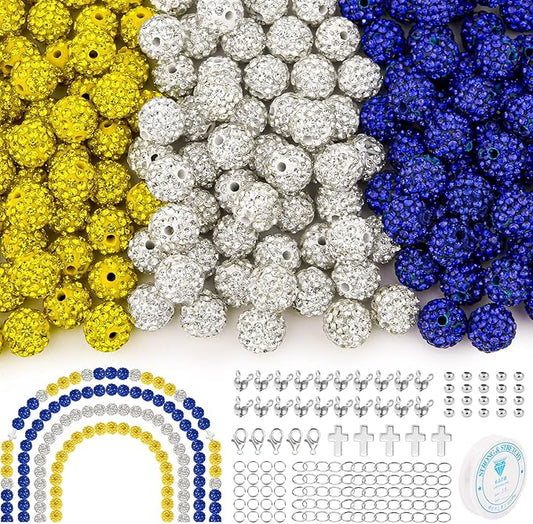 256Pcs 10mm Rhinestone Beads Kit 3 Colors, Round Sparkle Disco Ball Rhinestone Beads Set with Cross Charms and Accessories for DIY Baseball Necklaces Bracelets Earrings Jewelry Making