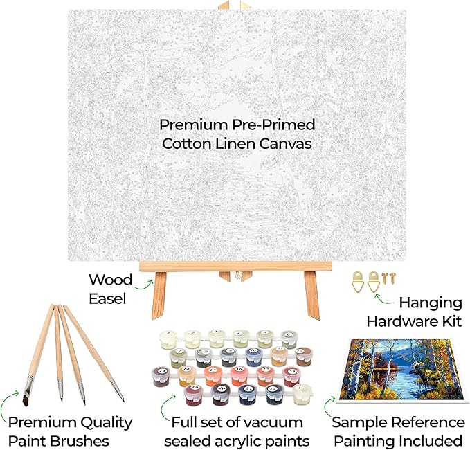 Ledgebay DIY Paint by Numbers Kit for Adults Framed Canvas Beginner to Advanced Paint by Numbers Kit Kits Include Acrylic Paint Set Brushes Tabletop Easel (Northwoods Retreat 16" x 20" Framed)