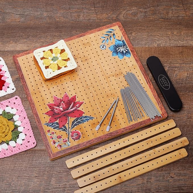 ULOI 13" Crochet Blocking Board - Upgraded Style with 4 Tension Rods and 20 Pegs – Blocking Boards for Crochet Projects, Ideal for Granny Square Card Deck Users (Crimson)