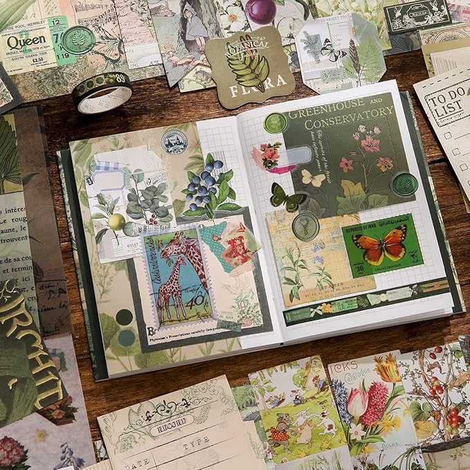 Scrapbooking Supplies Kit, Vintage Botanical Aesthetic Scrapbook Kit for Bullet Junk Journal, Stationery, A6 Grid Notebook, Flower DIY Journaling Supplies, Birthday Craft Gift for Teen Girl Women