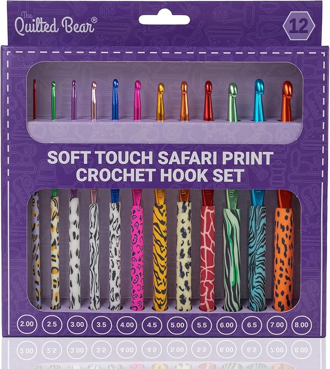 The Quilted Bear Safari Crochet Hook Set - 12 Ergonomic Soft Grip Crochet Hooks Set with Light Polymer Clay Handle for Comfortable Crocheting & Knitting (2mm-8mm)
