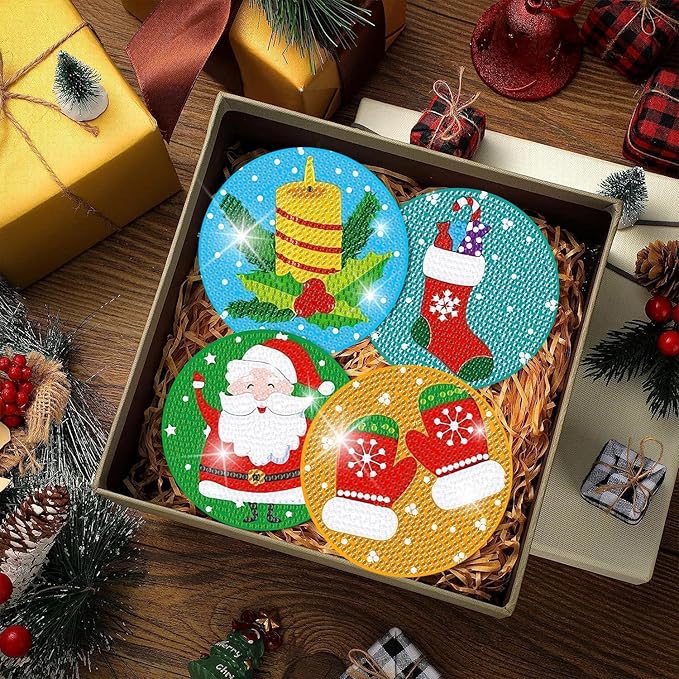 igoodom 8 PCS Christmas Diamond Art Coasters Kit, Diamond Painting Coasters with Holder, Non Slip Coaster Art Supplies for Adults, Christmas Gift