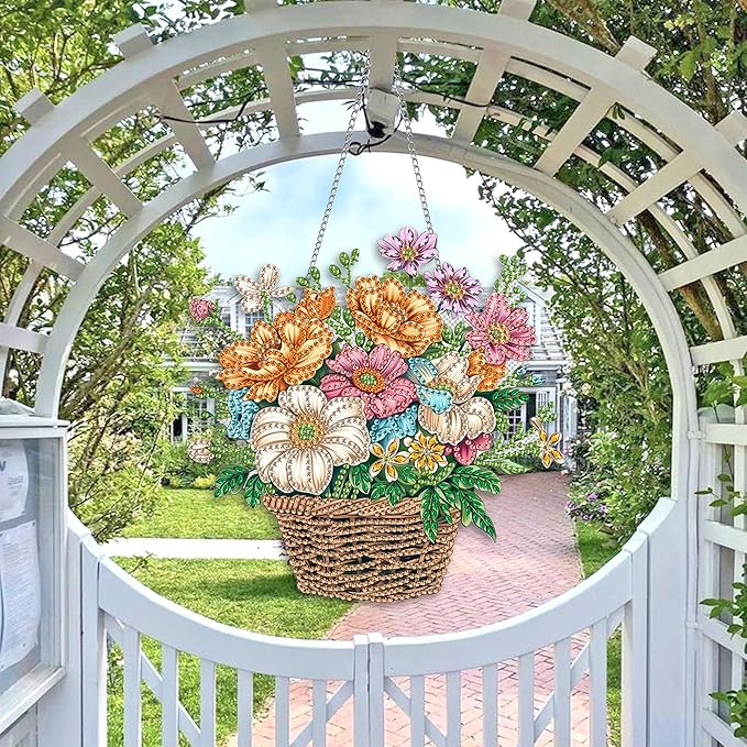 Wergund 5D DIY Flower Basket Diamond Art Hanging Kits, Hanging Diamond Art Flower, Acrylic Special Shaped Rhinestone, Window Hanging Pendants for Home Wall Garden Front Door Outdoor Decor Gift
