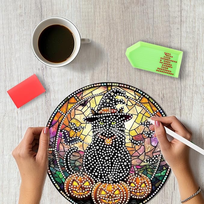 SENQAO Halloween Diamond Art Hanging Kits for Adults Beginners, DIY Acrylic 5D Special Shaped Crystal Diamond Gem Art Painting Hanging Ornament for Home Wall Decor and Gift（Black Cat Pumpkin Bat）