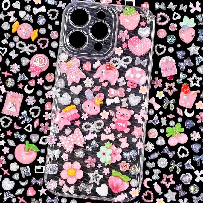 Junk Case Charms Kit, Junk Phone Case Charm, Flatback Lollipop Candy Bear Flower Fruit Mushroom Cartoon Cute Slime Charms for DIY Crafts, Scrapbooking, Jewelry Making-S4
