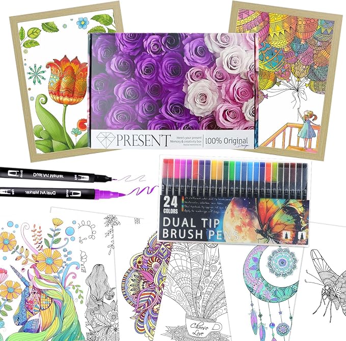 Adult Coloring Book with 24 Dual Tip Colors Markers, 12 Pcs Premium Coloring Pages & 2 Pcs Wooden Photo Frames & 24 Colors Markers, Mindfulness Art-Painting-Kits Gifts for Women - Flowers