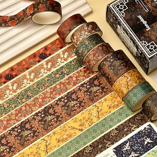 12 Rolls Chinoiserie Washi Tape Set Chinese Arts Adhesive Tapes Geometric Garden Decorative Masking Tape Sets for Craft, Kids, Scrapbook, DIY, Gift Wrapping (Almond Blossom Ridge)