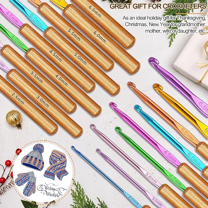 Coopay Bamboo Crochet Hooks Comfort Grip, 6.7" Crochet Kit Longer Aluminum Shaft Crochet Needles for Crocheting, Ergonomic Knitting Hooks Set for Crochet Yarn Craft, Premium Knitting Crochet Supplies