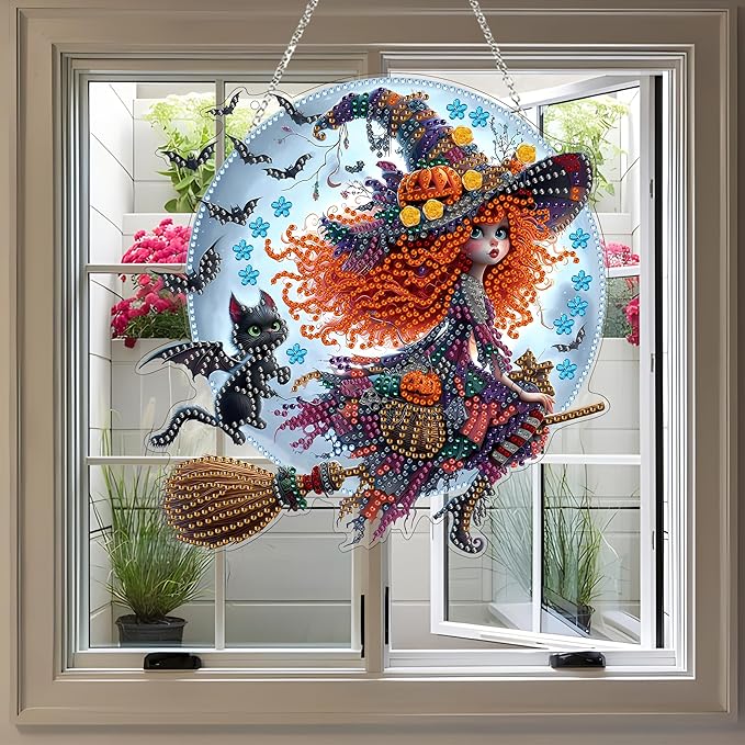 JJFox Diamond Art Hanging Kit for Adult,Special Shaped Rhinestone,Double Sided 5D DIY Acrylic Diamond Art Painting Window Pendants Home Garden Wall Hanging Kits Hanging Ornament (Halloween Witch)