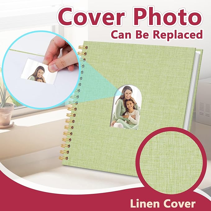 Vienrose 10X10 Inch DIY Scrapbook Album Linen Arch Window Photo Album 40 Blank Pages Scrap Book Photo Albums for Wedding Baby Shower, Grass Green