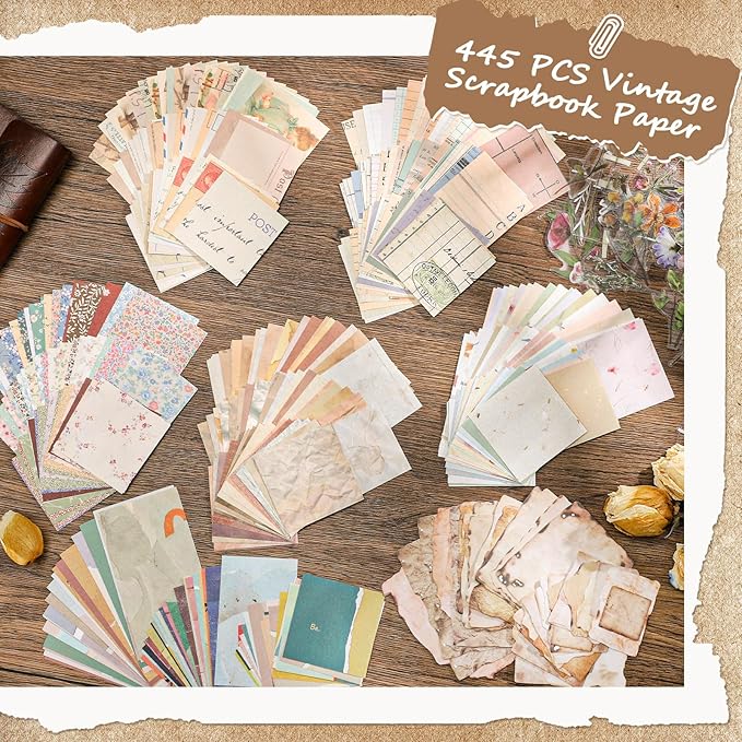 Prudiut 445 Pcs Vintage Scrapbook Paper, Journaling Supplies Kit, Delicate Decorative Paper with Floral Stickers & Multi-Size Scrapbook Paper for Junk Journal, DIY Collage Art, Vintage Crafts