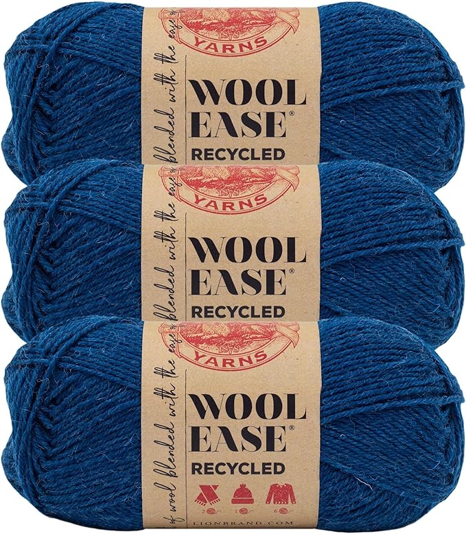 Lion Brand Yarn Wool-Ease Recycled Light Worsted-Weight Yarn for Knitting and Crochet, Royal Blue, 3 Pack, Wool and Acrylic Blend Fiber Perfect for Scarves, Hats and Blankets, 196 Yards