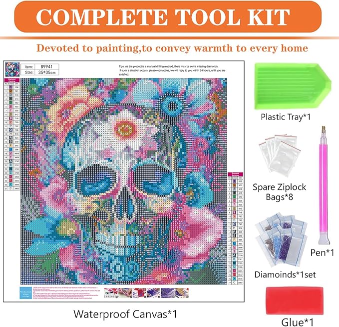 igoodom Diamond Art Kits for Adults, Sugar Skull Diamond Painting Kit, Full Drill Round Skull Flower Diamond Art Kits, DIY Gem Art and Crafts for Home Wall Decor Gift 13.78x13.78inch