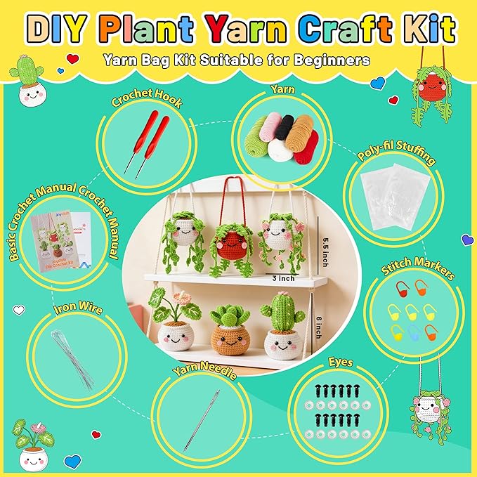 Joyclub Crochet Kit for Beginners Crochet Starter Kits for Adults and Kids Great Birthday Gifts for Crocheting Lovers with Step by Step Video Amigurumi Kit, 6 Pcs Fake Hanging Potted Plants Family