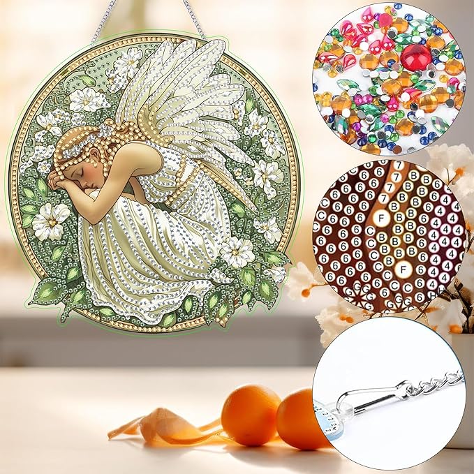 Bimkole Angel Woman Diamond Art Hanging Kit for Adult, DIY 5D Diamond Art Flower Window Pendant, Acrylic Crystal Art Hanging Ornament Home Wall Garden Front Door Sign Outdoor Decor 7.8x7.8 Inch