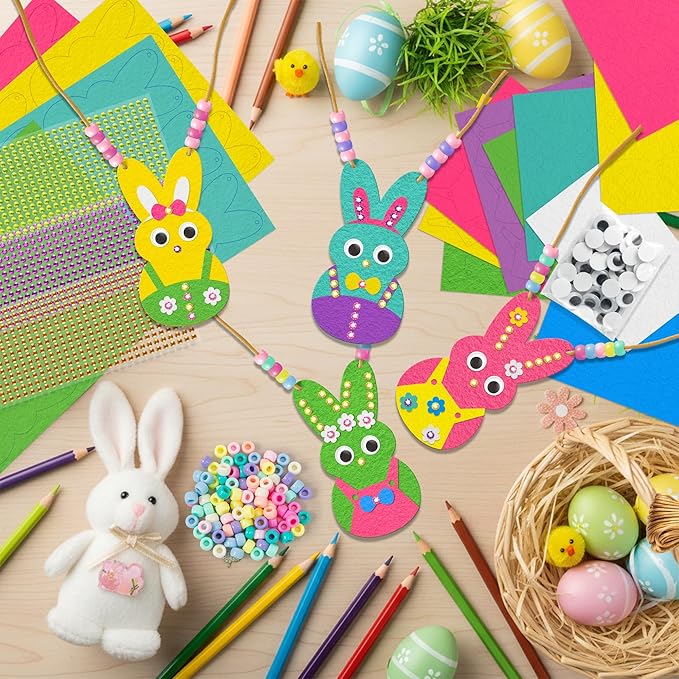 BeYumi Easter Necklace Craft Kit - 24Pcs Easter Bunny Peeps Felt Necklace Making Kits with Beads and Gem Sticker DIY Rabbit Craft for Kids Sunday School Home Classroom Gift Party Favor Fun Activities