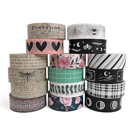Washi Tape Set of 16 Rolls of 15 mm Wide Cute Decorative Washi Tape for Journaling, Scrapbook, Washy Crafts, Bullet Journals, Planners, DIY Décor, Craft Supplies For Adults & Kids (Vintage)