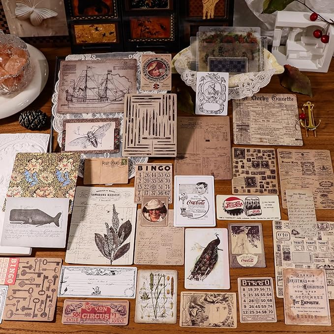 CATaireen Vintage Junk-Journal Mixed Paper Scrapbooking Embellishments Set Retro Journaling Decoupage Stickers Textured Packaging Decorative Cards Tags Kit (Old Memory)
