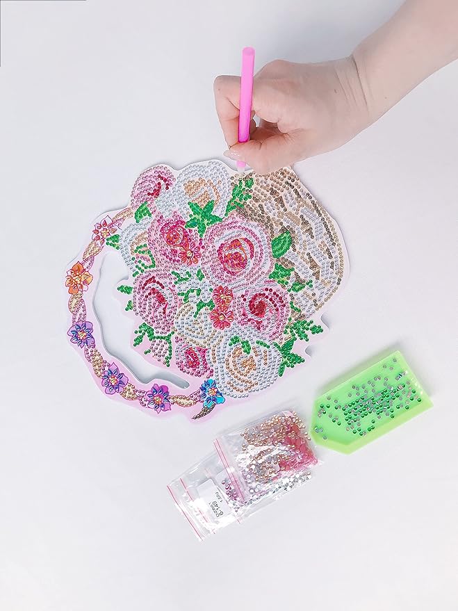 YEESAM ART DIY 5D Rhinestone Painting Christmas Decorations Hanging Kit, Flower Basket Red Flowers 20x23cm Rhinestone Art for Wall Door Window Decorations Hanging Mosaic Crafts Ornaments