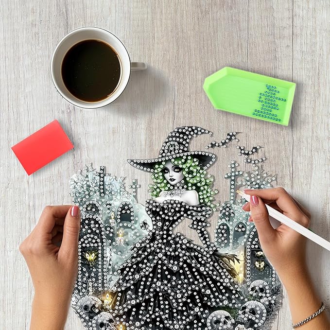 SENQAO Witch Diamond Art Hanging Kits for Adults Beginners, DIY Acrylic 5D Special Shaped Crystal Diamond Gem Art Painting Hanging Ornament for Home Wall Decor and Gift（Halloween Skull）