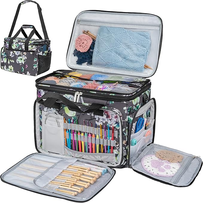 PAVILIA Knitting Bag Yarn Storage Tote, Large Crochet Organizer Bag, Yarn Storage Holder for Crocheting Knitter, Knitting Project Bag, Crochet Accessories Set, Gifts For Crochet Lovers, Floral Gray