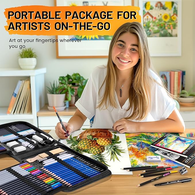106 PCS Art Supplies Sketching Kit, Pro Drawing Pencils with 3-Color Sketchbook, Coloring Book, Colored Graphite Charcoal Watercolor & Metallic Pencils, Drawing Supplies Gifts for Artists Adults