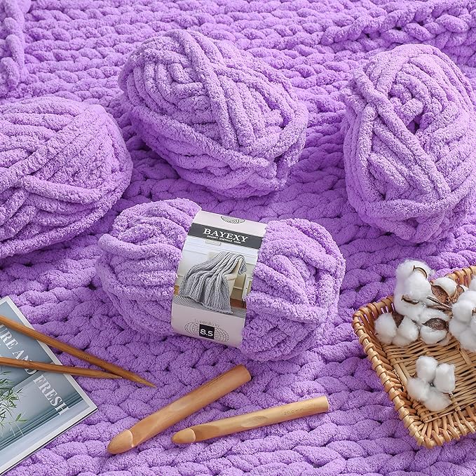 Chunky Chenille Yarn for Hand Knitting 8 Jumbo Pack Jumbo Chunky Yarn for Hand Soft Blanket Knitting, Bulky Thick Fluffy Yarn for Crocheting (Purple)