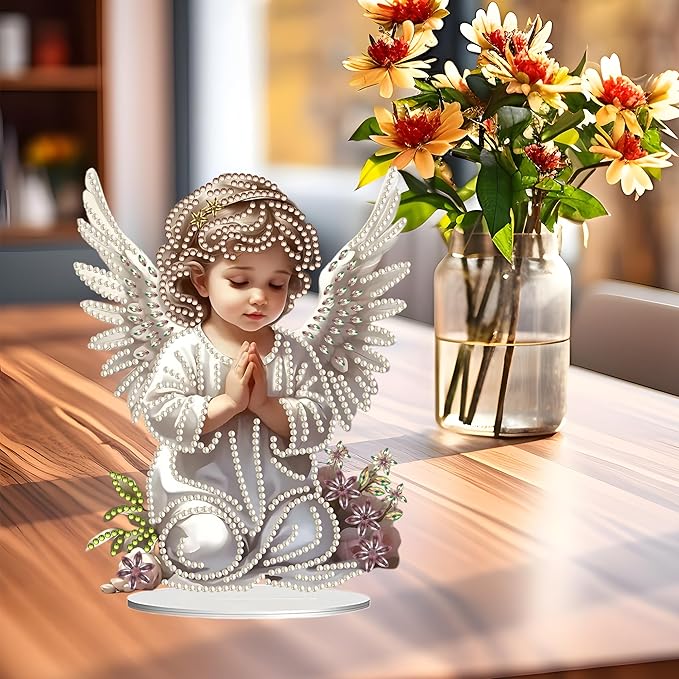 JJFox DIY Tabletop Diamond Art Painting Kit，Special Shaped Rhinestone Desk Placement Ornament，Home Stand Up Gem Painting Craft Kit，Gift,Double Sided. (Angell-1)