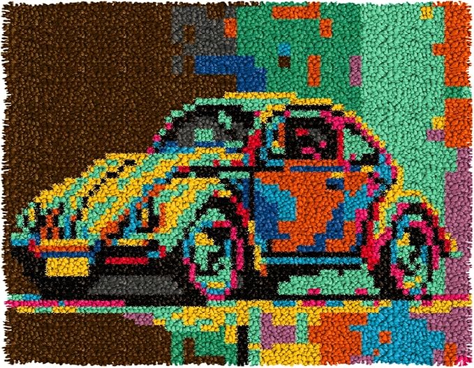 LAPATAIN Latch Hook Kits for Adults,Volkswagen Beetle Pattern Color Printed Canvas DIY Rug Kits Carpet Embroidery Sofa Cushion,Beginners Handmade Needlework Crafts Home Decoration 20.5x15inch LT2