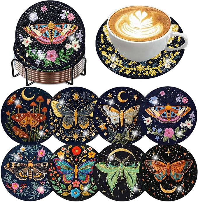 8 Pcs Diamond Art Coasters Kit with Holder, DIY Butterfly Diamond Painting Coasters for Beginners Adults, Non Slip Diamond Art Kits Craft Supplies 4x4inch