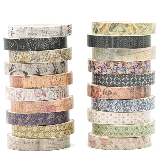 20 Rolls Skinny Vintage Washi Tape Set Retro Arts Adhesive Tapes Basic Patterns Decorative Masking Tape Sets for Craft, Kids, Scrapbook, DIY, Gift Wrapping (Remaining Joy)
