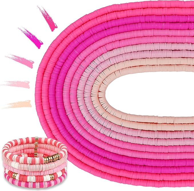 MIIIM 3600 PCS 10 Strands Clay Beads Polymer Clay Beads for Jewelry Making, Vinyl Heishi Beads 6mm for Surfer Bracelets Necklace Making (Pink)