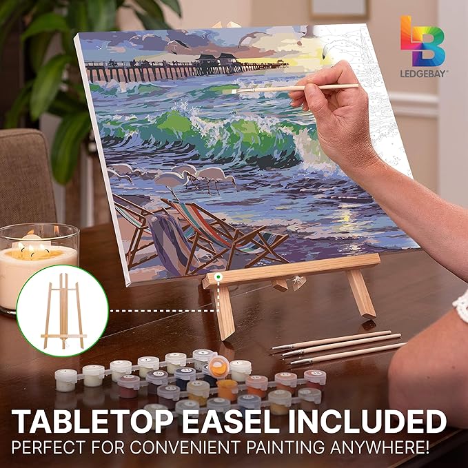 Ledgebay DIY Paint by Numbers Kit for Adults Framed Canvas: Beginner to Advanced Paint by Numbers Kit, Kits Include Acrylic Paint Set Brushes Tabletop Easel (Seaside Escape 16" x 20" Framed)