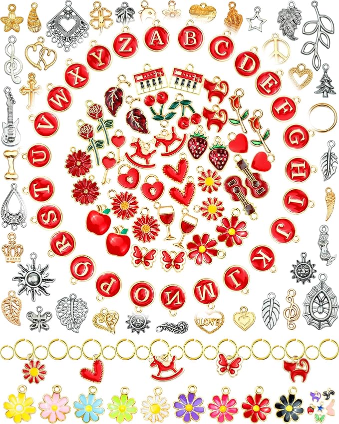 FIVEIZERO 216PCS Bracelet Charms for Jewelry Making – Assorted Gold & Silver Metal Enamel Pendants with Jump Rings for Necklaces, Earrings, & DIY Jewelry Crafts(Red)