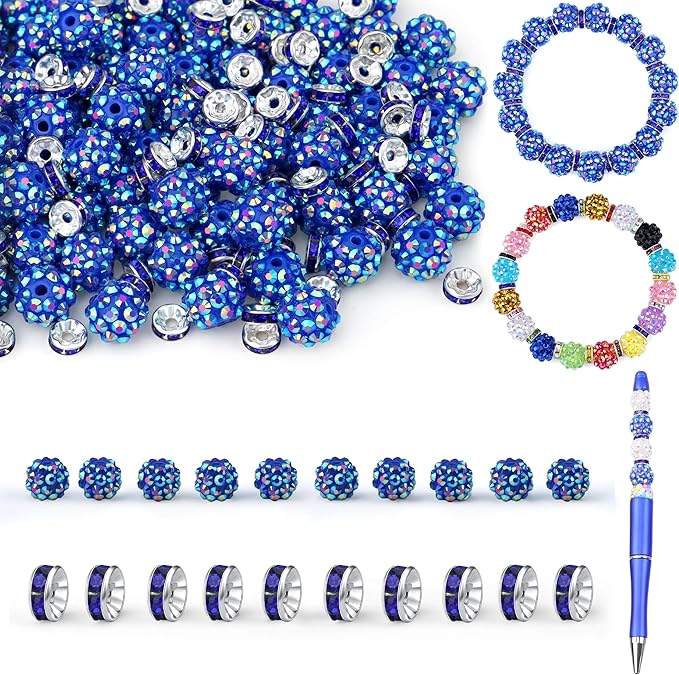 LAIDANLA 250pcs 12mm Dark Blue Rhinestone Beads and 8mm Rondelle Spacer Beads for Beadable Pens, Sparkly Shamballa Disco Baseball Bead for Bracelets Necklaces Earring DIY Craft