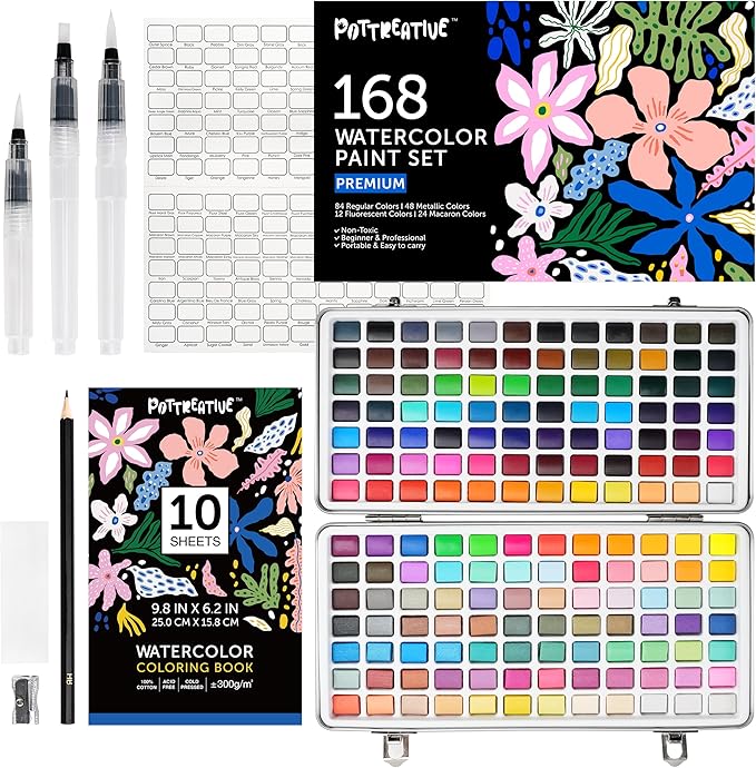 168 Colors Watercolor Paint Set - Vibrant Pigments in Portable Metal Case with 3 Brushes, Non-Toxic Travel-Friendly Painting Kit for Professional Artists/Students/Beginners