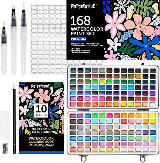 168 Colors Watercolor Paint Set - Vibrant Pigments in Portable Metal Case with 3 Brushes, Non-Toxic Travel-Friendly Painting Kit for Professional Artists/Students/Beginners