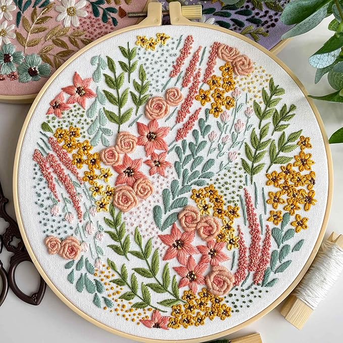 myfelicity embroidery kit, adult embroidery material set with cute flowers and plants patterns. 3 embroidery clothes and colors threads. 1 hoop. (flowers-a)