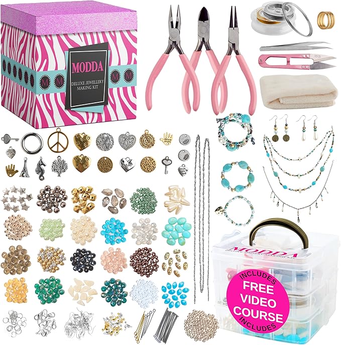 MODDA Deluxe Jewelry Making Kit with Video Course, Includes Instructions, Beads, Necklace, Bracelet, Earrings Making, Crafts for Adults, Beginners, Christmas Gift for Teens, Girls 13-15, Moms, Women