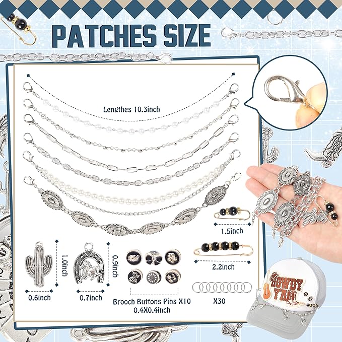 Meneng Cowgirl Hat Accessories Kit: 36PCS Western Trucket Hat Chains Bill Decoration for Women - Bling Metal Detachable Chains Bulk for Mesh Baseball Cap