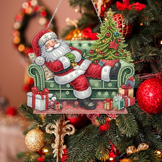 DIY Acrylic Diamond Art Painting Wreath Kits Special Shaped Rhinestone 5D Diamond Art Window Pendants Home Garden Wall Hanging Kits Hanging Ornament (Sleepy Santa Claus)