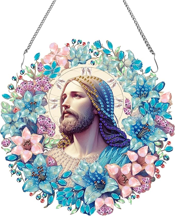 Apomelo Diamond Art Kit for Adults Jesus, Special Crystal Gem Diamond Art Hanging Pendant Kit for Decor, Jesus in Flowers