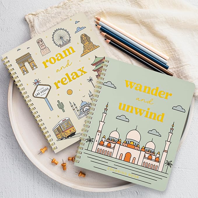Beautiful Adult Coloring Book Set of 2 for Relaxation - Inspirational Adventures and Sightseeing Spots for The Spirit of Wanderlust - Perfect Stress-Relieving Gift for Women