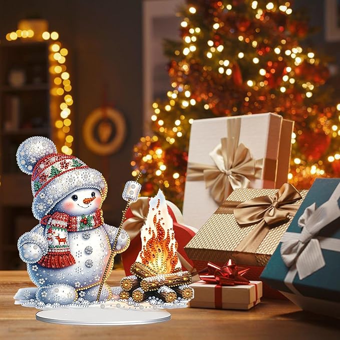 JJFox DIY Tabletop Diamond Art Painting Kit，Special Shaped Rhinestone Desk Placement Ornament，Home Stand Up Gem Painting Craft Kit，Gift，Double Sided. (Christmas Snowman-1)