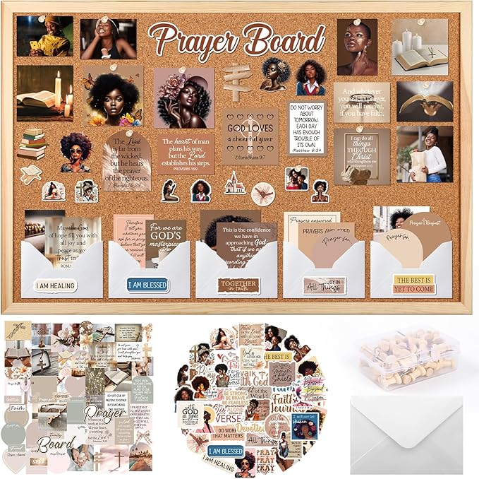 Black Women Prayer Board Kit - Vemfare 162 Pcs Prayer Board Stickers Supplies with Pins Envelope Bible Verse Quotes Cards, Motivational Scrapbook Stickers, Bible Study Supplies (Not Including Board)