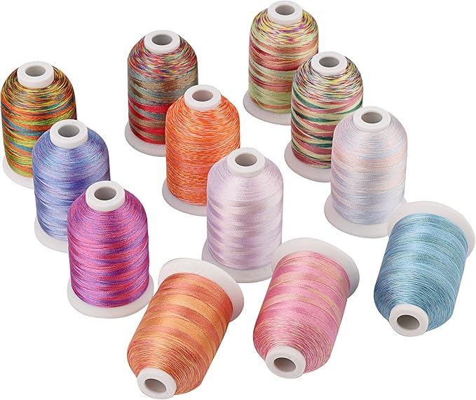 Simthreads 12 Multi Color Variegated Color Embroidery Machine Thread 1000 Meters Each for Janome Brother Pfaff Babylock Singer Bernina Husqvaran and Most Home Sewing Embroidery Machines