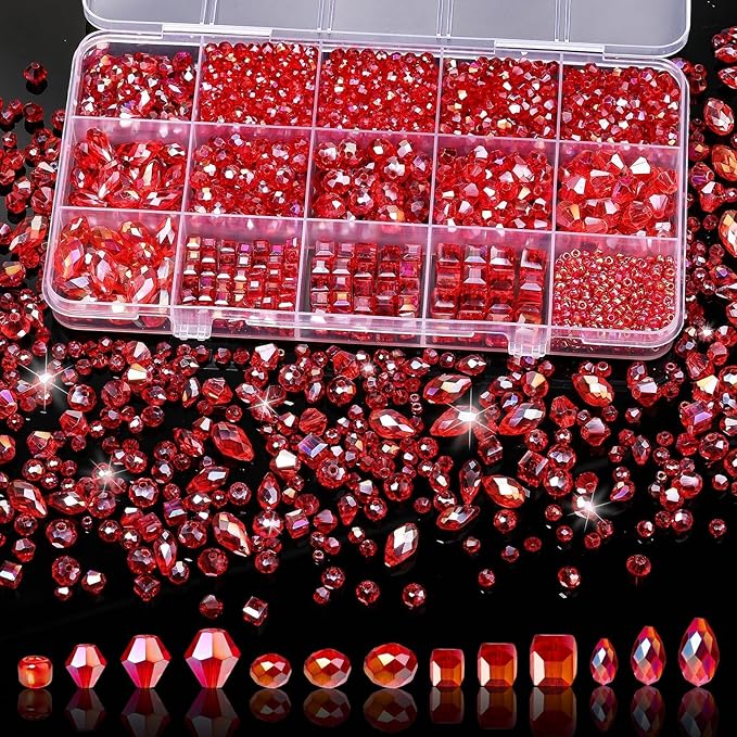 Song Xi 1500PCS Glass Beads for Jewelry Making, Assorted Faceted Crystal Beads Kit for Bracelet Earring Necklace, for DIY Clear and Iridescent Christmas Gift (AB Red) ﻿ ﻿