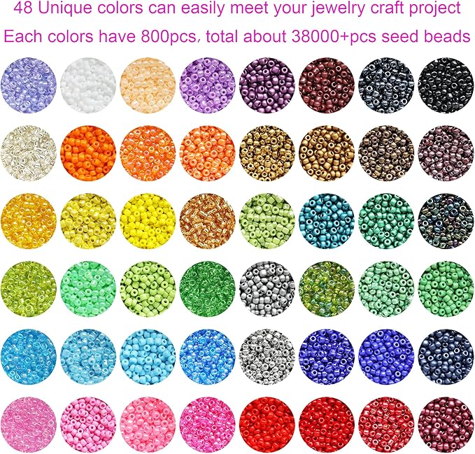 Size 2mm Glass Seed Beads 48 Colors Total About 38400pcs,12/0 Small Seed Beads Kit Bracelet Beads with 24-Grid Storage Box for Jewelry Making