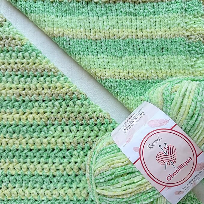 Chenillique Velvet Chenille Yarn for Crocheting, 4-Pack (856Yds / 400G), Free Patterns, Beginners Friendly - Soft Baby Yarn for Knitting Baby Blanket - #4 Medium Worsted Weight - Spring Green