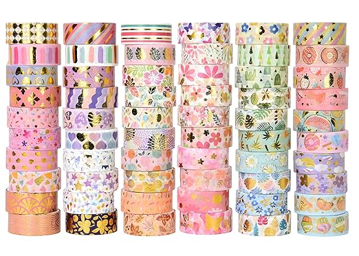 60 Rolls Washi Tape Set, 15 mm Gold Foil Cute Pattern Floral Decorative for Journaling Supplies